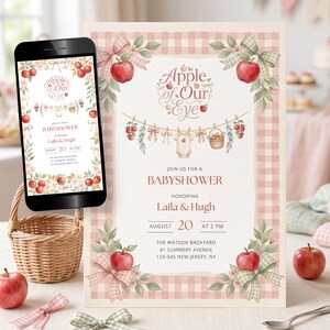 Apple of Our Eye Baby Shower Invitation, Pink Gingham Orchard Theme, Apple Picking Pregnancy Shower, Coquette Fall Baby Sprinkle Invite BS25