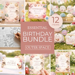 May include: An "Essential Birthday Bundle" with an outer space theme. Includes invitations, signs, cupcake toppers, food labels, and thank you cards. The designs feature planets, rockets, and astronauts in soft pastel colors.