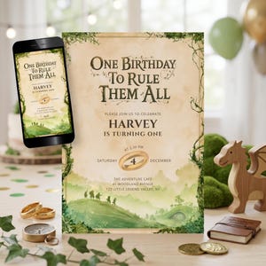 May include: A birthday invitation card and a smartphone screen displaying the same design, featuring the text One Birthday To Rule Them All, a gold ring, and a green landscape illustration with silhouettes of figures walking on a hill.