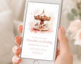 Carousel First Birthday Invitation, Pony Party Invite Girl, Editable Pink Horse 1st Bday Text, Vintage Merry Go Round Digital Card BG20