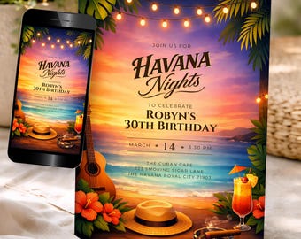 Havana Nights Birthday Invitation, Tropical Cuban Party Invite, Editable Summer Sunset Evite 30th B-day, Unisex Adult Invite Canva Template