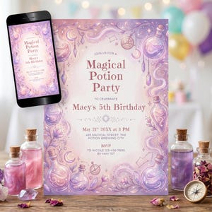 May include: A rectangular invitation card and a smartphone screen displaying a Magical Potion Party theme for Macy's 5th Birthday. The design features purple and pink watercolour swirls, potion bottles, stars, and moons with printed text details.