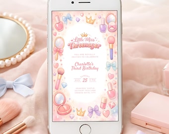 Little Miss Threenager Birthday Invitation Digital, Pink Princess Third Birthday Party Evite, Editable Girl 3rd Bday,Make-up Crown Card CO29