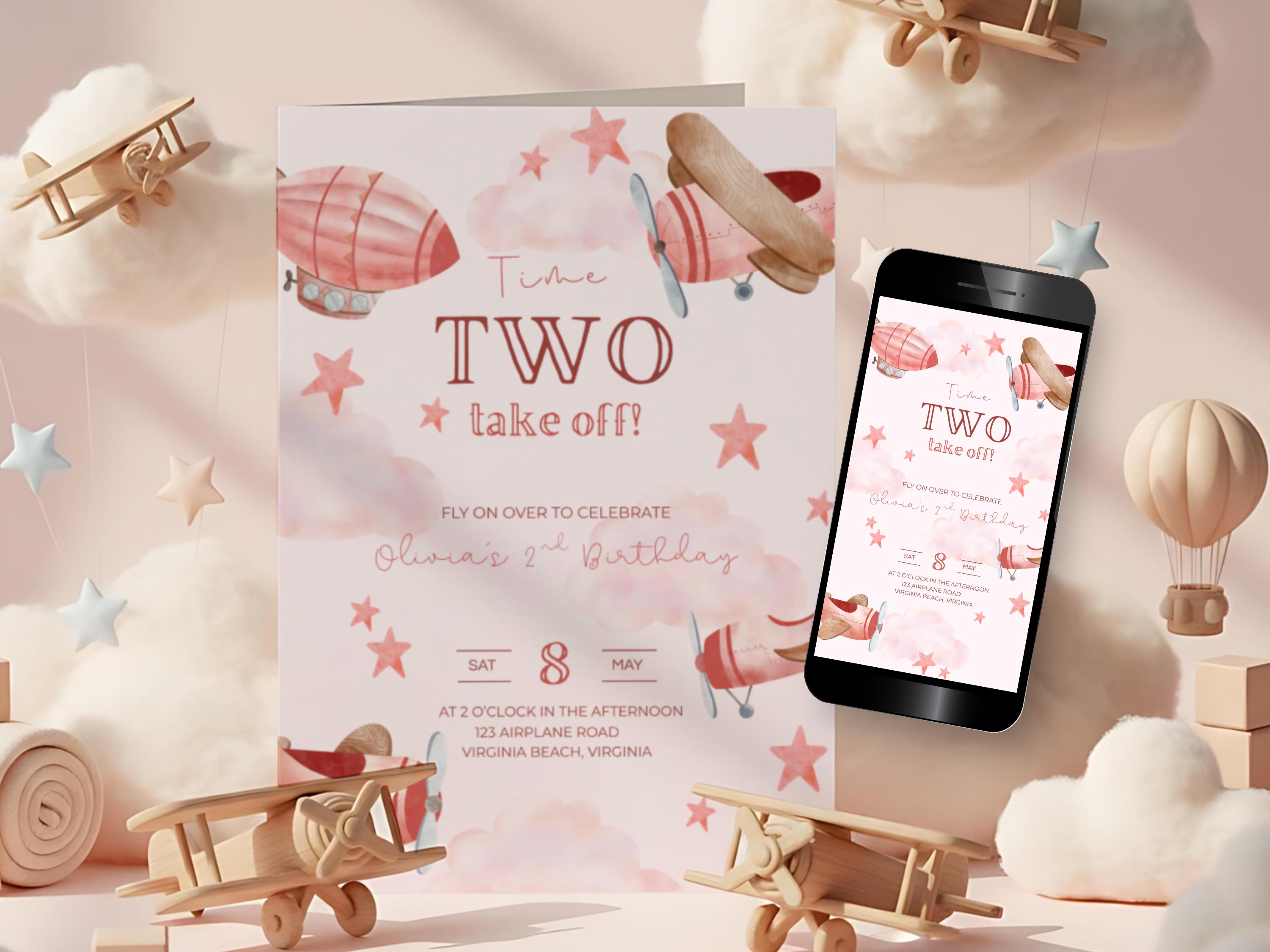 Take Flight Invite Time Two Take off Invitation Birthday Template, Airplane Editable ...