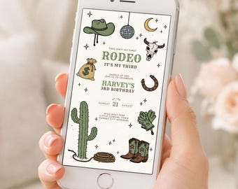 Third Rodeo Boys Birthday Invitation, Green Cowboy 3rd Party Invite, Editable Not My First Rodeo Text, Western Doodle Evite BB09