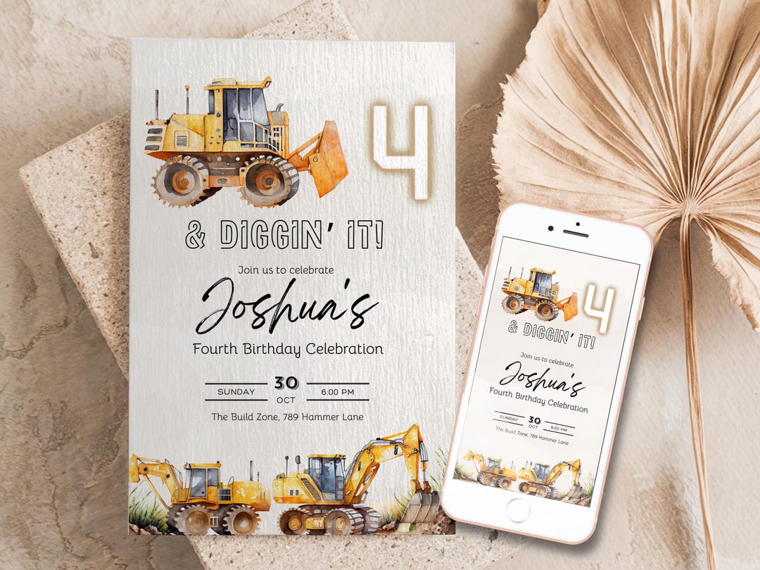 Four and Digging It Birthday Invitation Canva Template Dumptruck ...