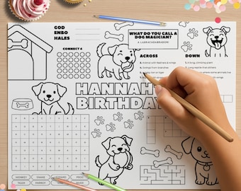 Printable Dog Activity Placemats, Kids Animal Birthday Sheet Template, Coloring Page Games, Editable Craft Table Mat