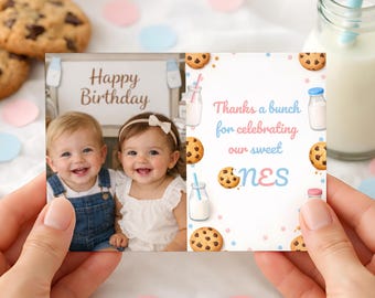 Milk and Cookies Editable Thank You Card, Twin Boy Girl Birthday Thanks Tag, Pink Blue Party Favor, Food Theme Baby Shower Template CO25