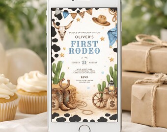 First Rodeo Invitation, Cowgirl Birthday Invite, Editable Western Party Card Boy, Rodeo Theme Evite Canva Template BB10