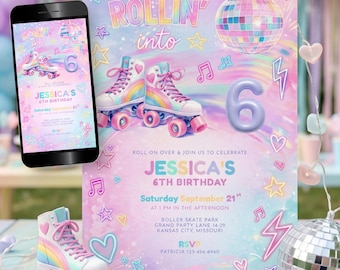 Editable Rollin Into 6 Birthday Invitation, Roller Skate Party Invite, Skating Disco Pastel Card Template, Neon Rollerblade Evite BG27