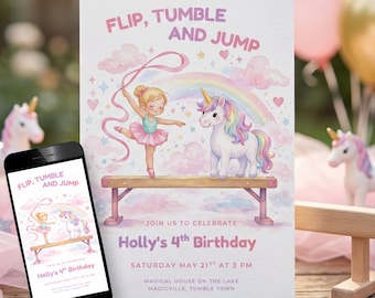 Unicorn Gymnastics Birthday Invite, Pastel Rainbow Gym Party Invite Girl, Editable Pink Balancing Beam 4th Bday Printable, Magical Card CO36
