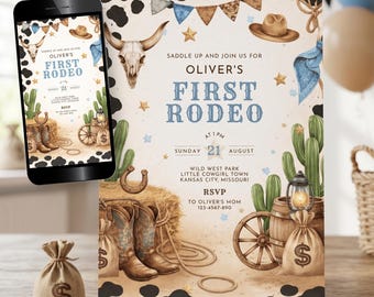 First Rodeo Invitation, Cowgirl Birthday Invite, Editable Western Party Printable Boy, Rodeo Theme Evite Canva Template BB10