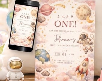 First Trip Around the Sun Birthday Invitation, 1st Bday Pink Astronaut Invite, Planet Galaxy Girl Digital Evite CO24