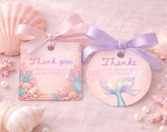 Mermaid Themed Thank You Tag Template, Printable Pink Ocean Theme Round Thanks Card, Under the Sea Birthday Kids Party Favor CO28