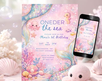 Zaproszenie urodzinowe „Oneder the Sea”, pastelowa syrenka na pierwszą imprezę, cyfrowe zaproszenie na pierwsze urodziny w motywie oceanicznym, szablon kartki dla fioletowej dziewczynki CO28