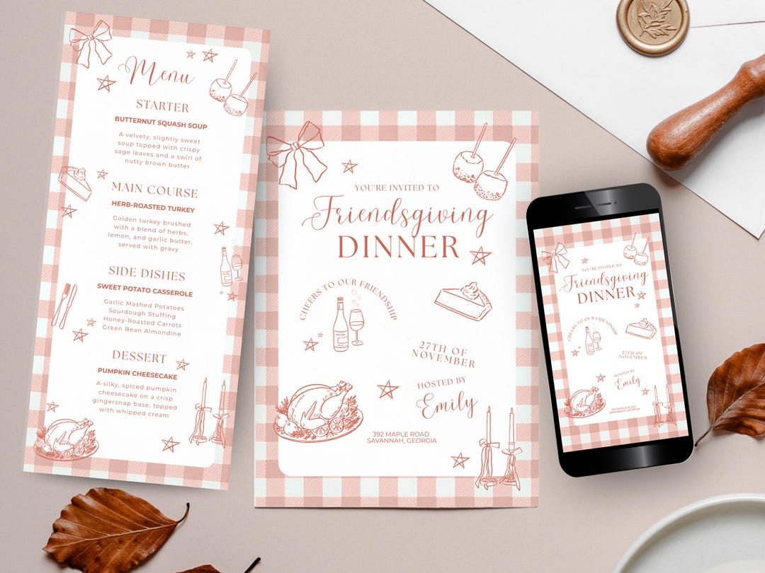 Menu Order Invite Menu & Invite Friendsgiving Bundle Template, Editable Boho Fall ...