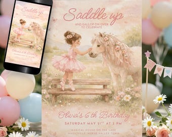 Saddle Up Birthday Invitation, Pony Party Invite Girl, Editable Pink Floral Horse 6th Bday Printable, Ballet Pony Digital Card BG18