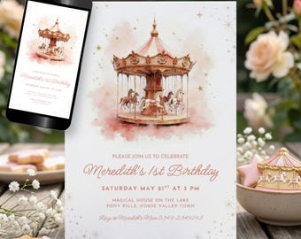 Carousel First Birthday Invitation, Pony Party Invite Girl, Editable Pink Horse 1st Bday Printable, Vintage Merry Go Round Digital Card BG20