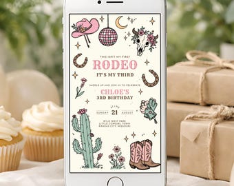 Third Rodeo Girls Birthday Invitation, Pink Cowgirl 3rd Party Invite, Editable Not My First Rodeo Text, Western Doodle Evite BG25
