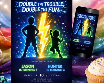 Double Trouble Birthday Invitation, Neon Brothers Bday Invite, Sibling Joint Party Card, Blue Lightning Glow Theme Friends Mobile Evite CO32