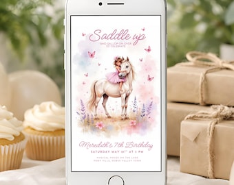 Saddle Up Birthday Invitation, Pony Party Invite Girl, Editable Pink Floral Horse 7th Bday Text, Watercolor Pony Digital Card BG19