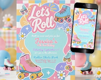 Editable Roller Skate 7th Birthday Invitation, Let's Roll Party Invite, Skating Disco Rainbow Card Template, Retro Rollerblade Evite BG30