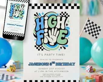 High Five Birthday Invitation, Retro Fifth Party Invite Boy, Editable Checkered Flag 5th Bday Printable, Blue Groovy Race Car Evite BB01