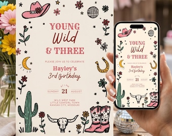 Invito per il terzo compleanno a tema rodeo per bambine, invito per la festa a tema cowgirl rosa, biglietto modificabile "Giovani, Selvaggi e Tre", invito digitale in stile western BG23