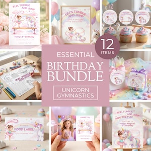 May include: An essential birthday bundle with a unicorn gymnastics theme. The image features invitations, cupcake toppers, a coloring page, and other party supplies. The color scheme includes pink, purple, and gold accents. Text includes "Flip, Tumble, and Jump" and "Holly's 5th Birthday".