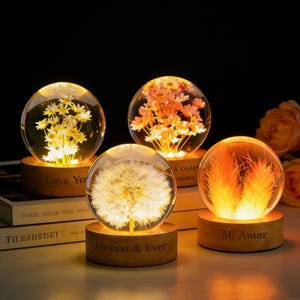 Lampe d'art personnalisée en résine florale préservée, lampe de nuit avec fleurs véritables, veilleuse de pissenlit séchée personnalisée, cadeaux d'anniversaire pour elle/lui
