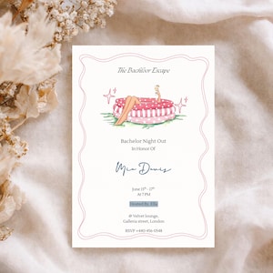 May include: A white invitation card with a pink border and text. The card reads "The Bachloor Escape" and "Bachelor Night Out In Honor Of Mia Davis". An illustration of a person in a pool is at the top. Additional details include the date, time, and location.