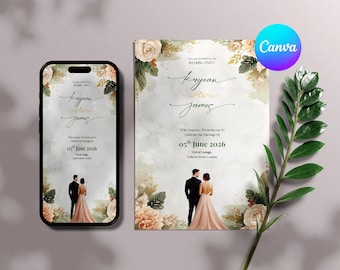 Elegant Floral Wedding Invitation Template, Romantic Botanical Wedding Invite Printable, Luxury Wedding Invitation Digital Download