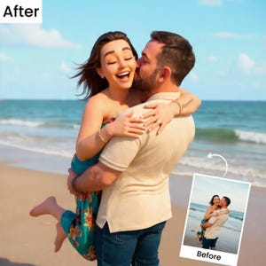 May include: A digitally enhanced image of a couple on a beach, the woman laughing as the man holds her and kisses her cheek. The background shows the sea and sky, with a smaller "Before" image.