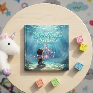 May include: A children's book titled "The Blue Shell's Secret" with a blue cover showing a boy gazing at an underwater city. A plush unicorn and alphabet blocks surround the book on a wooden table.