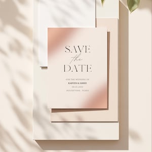 May include: A set of wedding stationery with a "Save the Date" card. The card has a soft pink gradient and elegant typography. The details include the names Karyen & James, the date 08.01.2025, and the location, Houstone, Texas.