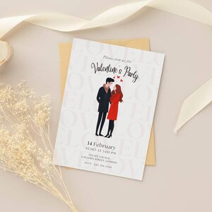 May include: Valentine's Day party invitation with a couple illustration. The invitation features the text "Valentine's Party" and event details. The design includes a beige envelope and decorative elements.