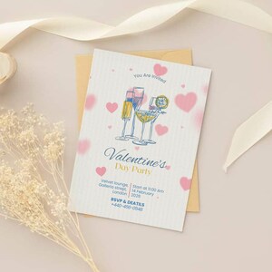 May include: A Valentine's Day party invitation with the text "You Are Invited" and "Valentine's Day Party". The invitation features illustrations of champagne glasses and pink hearts. The invitation includes the party's location, date, and RSVP information.