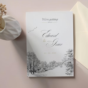 May include: A white wedding invitation featuring the text "We're getting Married" and the names "Edward & Grace" in a stylish script. The bottom has a black and white winter landscape. The date "04.04.2029" is also present.