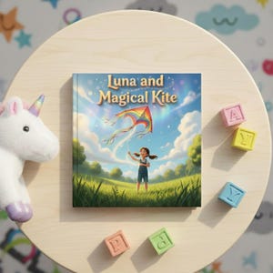 May include: A children's book titled "Luna and Magical Kite" with a colorful illustration of a girl flying a kite in a field. A plush unicorn and alphabet blocks are also present on a wooden surface.
