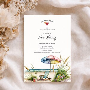 May include: A beach-themed invitation with watercolour illustrations. The invitation features the text "Sip. Swim. Repeat." and "Mia Davis". It includes a beach scene with an umbrella, chair, and ocean view. The invitation is for a bachelorette weekend.
