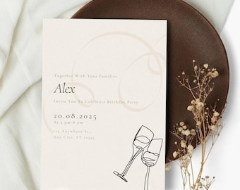 Editable Printable Invite Minimal Beige Elegant Champagne Birthday Celebration Adult Birthday Party Invitation