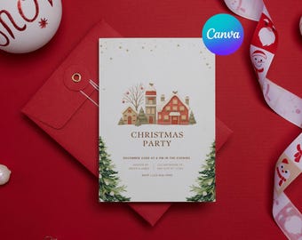 Christmas Party Invitation Printable, Holiday Party Invite, Festive Xmas Invitation Digital Download PDF