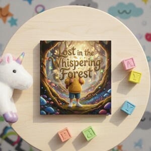 May include: A children's book titled "Lost in the Whispering Forest" with a colourful illustration of a child in a yellow hoodie in a forest. The book is on a light wood table with alphabet blocks and a unicorn toy.