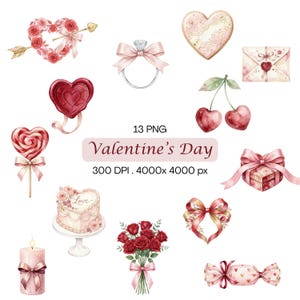 May include: A collection of watercolour illustrations for Valentine's Day. The image features a heart-shaped arrow, engagement ring, heart-shaped cookie, envelope, cherries, lollipop, cake, candle, roses, gift box, and candy.