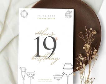 Birthday Invitation Editable Printable Adult Birthday Party Invite Elegant Disco Champagne Canva Template
