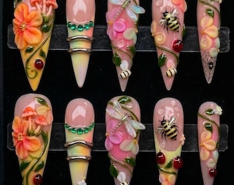 Handmade Enchanted Garden Press On Nails | 3D Mushroom, Bee & Dragonfly | Stiletto Nails For Cottagecore