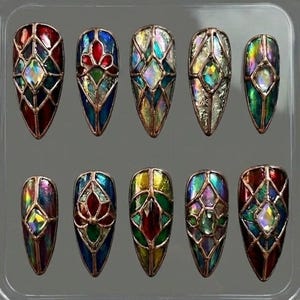 Gothic Stained Glass Press On Nails | Medieval Cathedral Art, Bronze 3D Details & Jewel Tones | Luxury Almond Nails For Dark Aesthetic