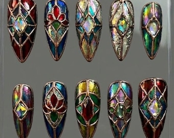 Gothic Stained Glass Press On Nails | Medieval Cathedral Art, Bronze 3D Details & Jewel Tones | Luxury Almond Nails For Dark Aesthetic
