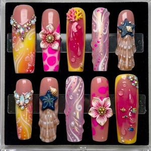 Tropical Ocean Paradise Press On Nails | 3D Hibiscus, Starfish, Seashell & Dew Drop Accents | Long Coffin Nails For Summer Vacation Vibe