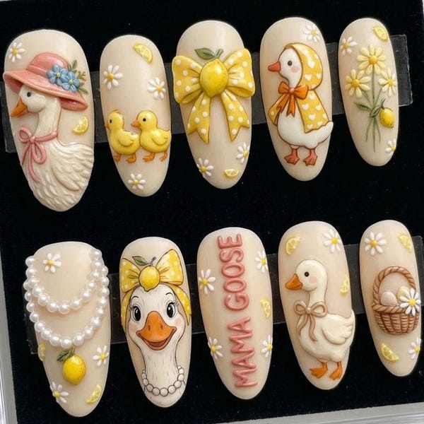 Handmade Vintage Mama Goose Press On Nails | 3D Duckling, Lemon Bow, Daisy & Pearl | Almond Nails For Sweet Cottagecore Vibe